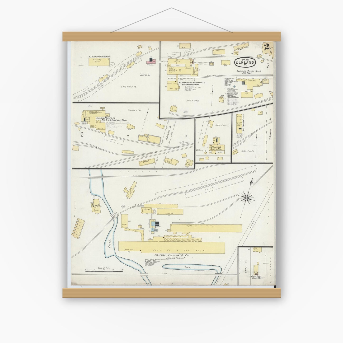 Old map wall art mockup — magnetic wood frame on white wall — Sanborn Fire Insurance Map from Elkland, Tioga County, Pennsylvania (1897), Sheet #0002