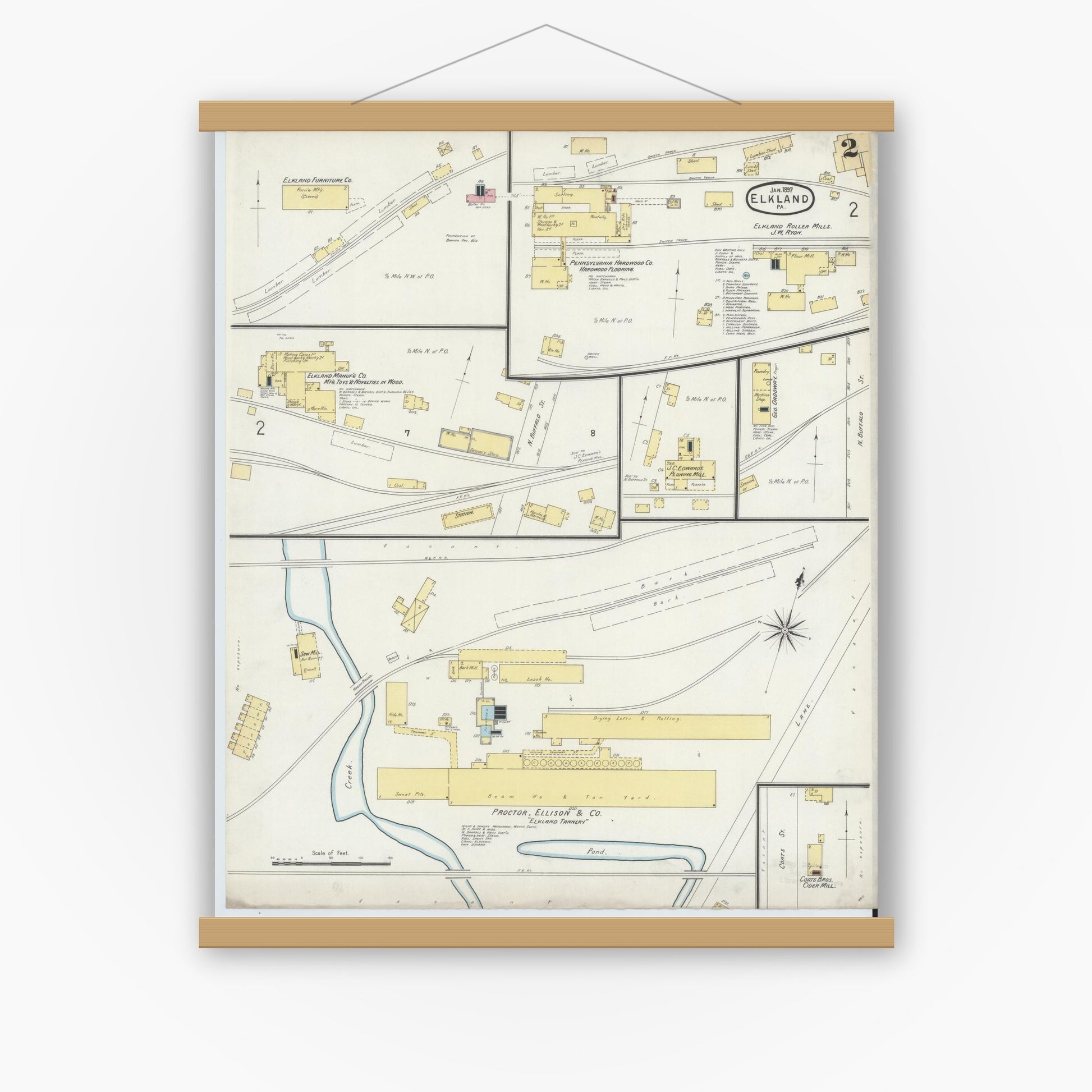 Old map wall art mockup — magnetic wood frame on white wall — Sanborn Fire Insurance Map from Elkland, Tioga County, Pennsylvania (1897), Sheet #0002