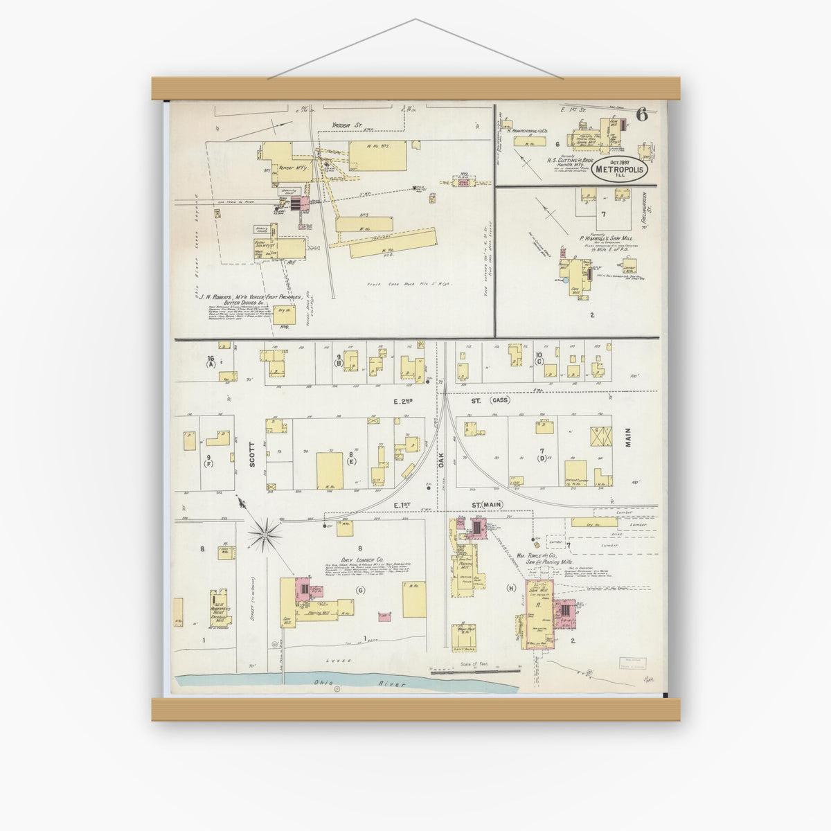 Old map wall art mockup — magnetic wood frame on white wall — Sanborn Fire Insurance Map from Metropolis, Massac County, Illinois (1897), Sheet #0006
