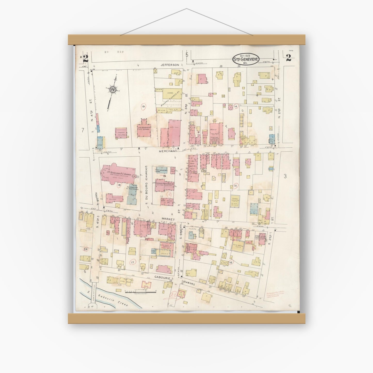 Old map wall art mockup — magnetic wood frame on white wall — Sanborn Fire Insurance Map from Sainte Genevieve, Saint Genevieve County, Missouri (1945), Sheet #0002