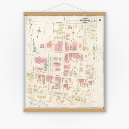 Old map wall art mockup — magnetic wood frame on white wall — Sanborn Fire Insurance Map from Sainte Genevieve, Saint Genevieve County, Missouri (1945), Sheet #0002