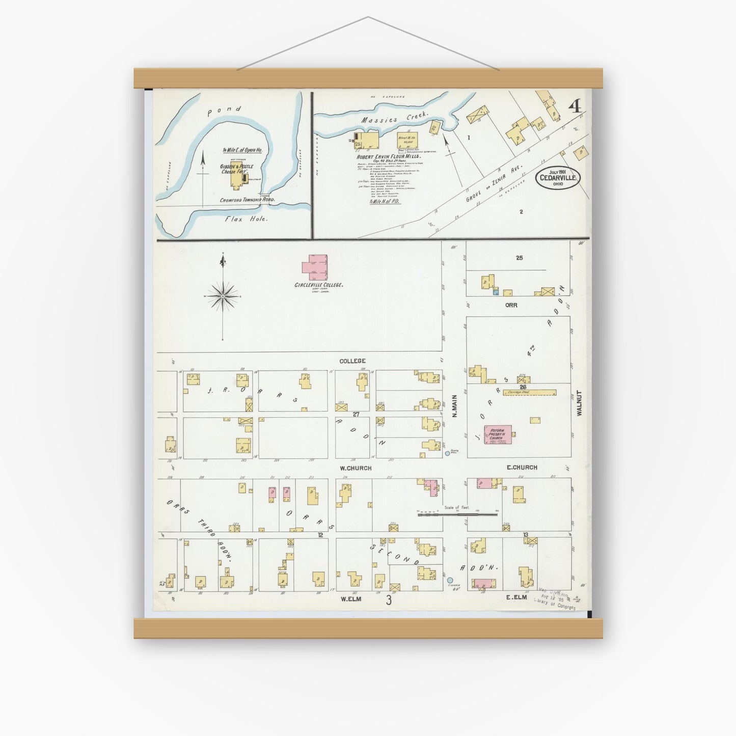 Old map wall art mockup — magnetic wood frame on white wall — Sanborn Fire Insurance Map from Cedarville, Greene County, Ohio (1901), Sheet #0004