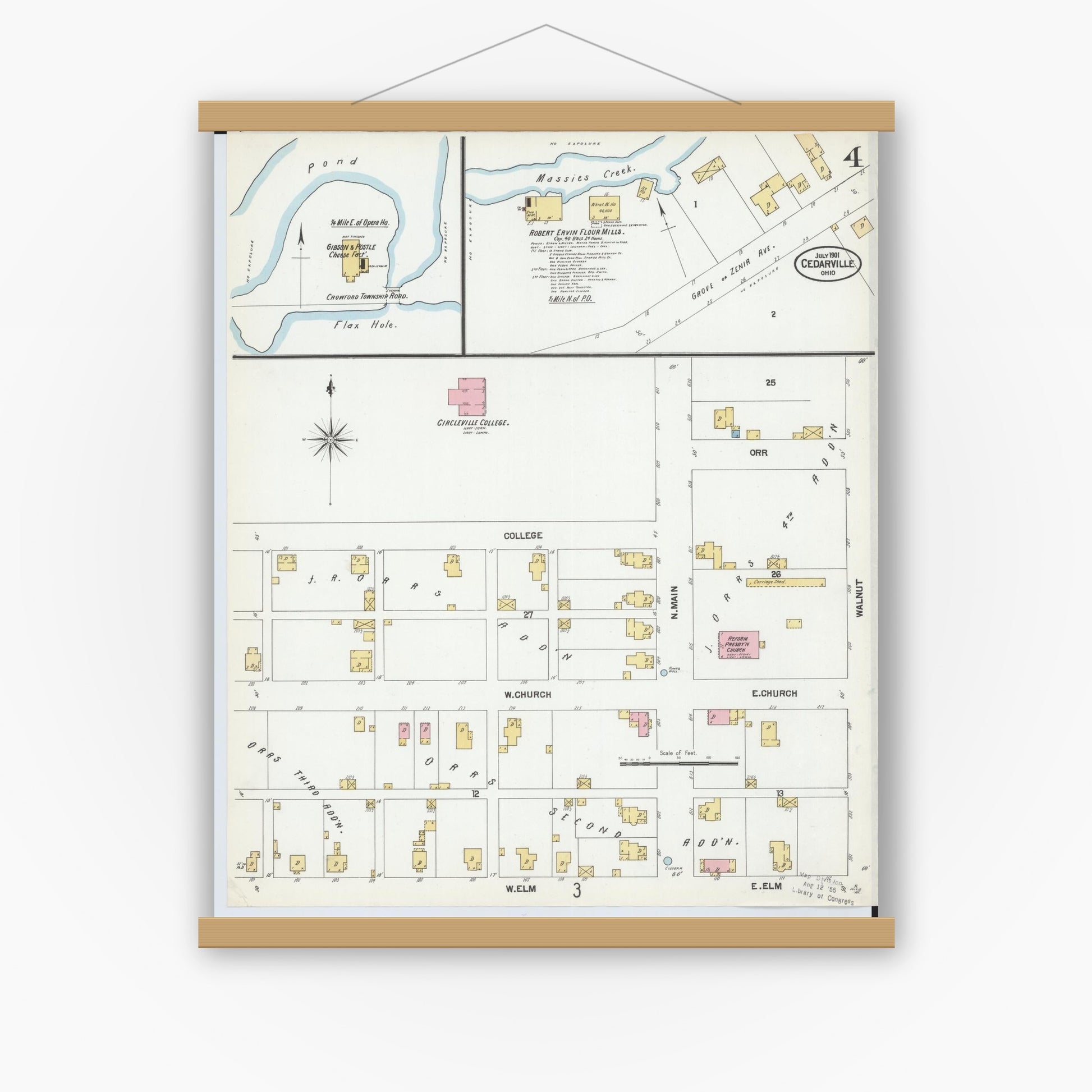 Old map wall art mockup — magnetic wood frame on white wall — Sanborn Fire Insurance Map from Cedarville, Greene County, Ohio (1901), Sheet #0004