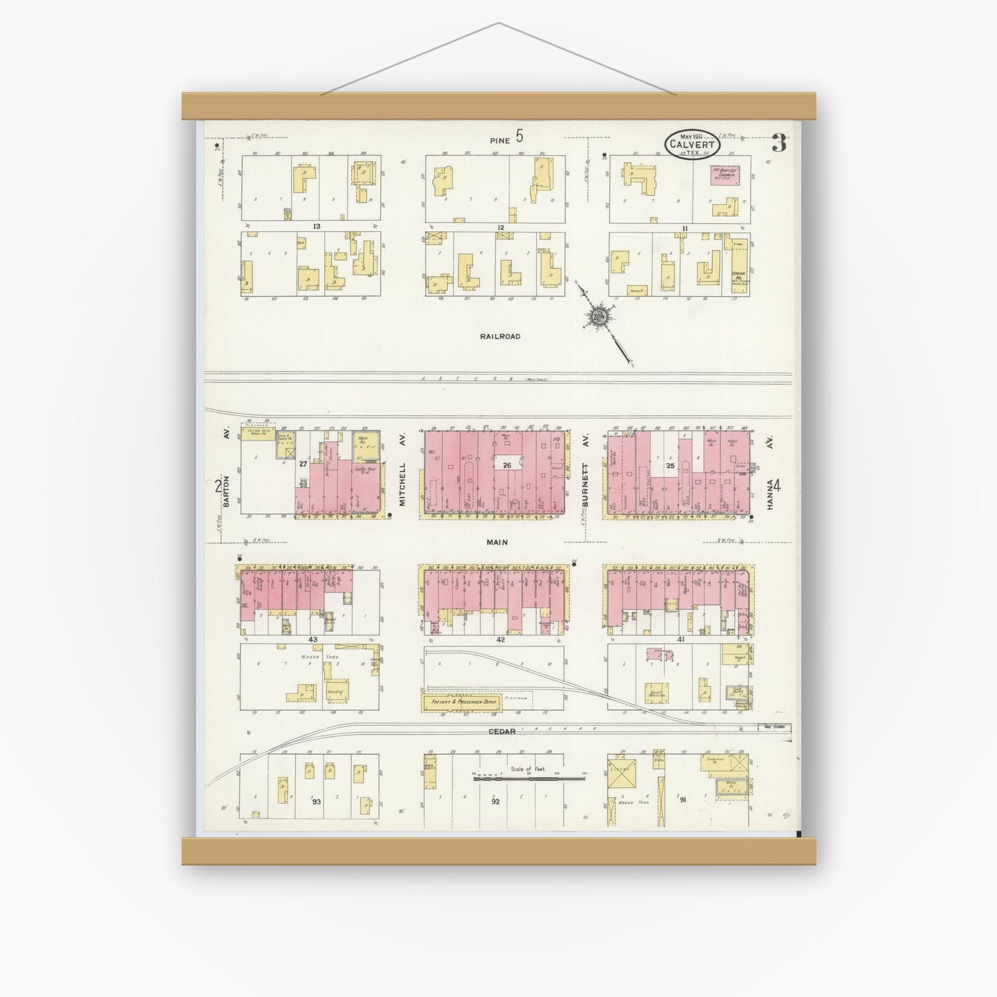 Old map wall art mockup — magnetic wood frame on white wall — Sanborn Fire Insurance Map from Calvert, Robertson County, Texas (1911), Sheet #0003