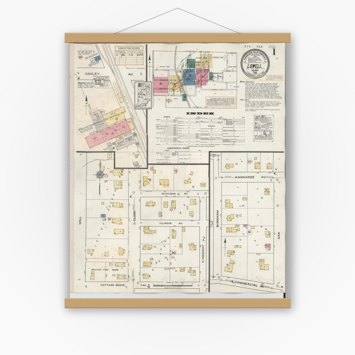 Old map wall art mockup — magnetic wood frame on white wall — Sanborn Fire Insurance Map from Lowell, Lake County, Indiana (1942) - Complete Map Set