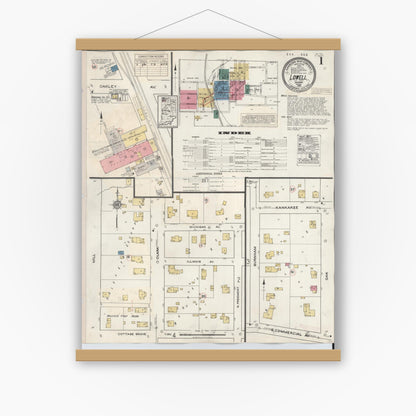 Old map wall art mockup — magnetic wood frame on white wall — Sanborn Fire Insurance Map from Lowell, Lake County, Indiana (1942) - Complete Map Set