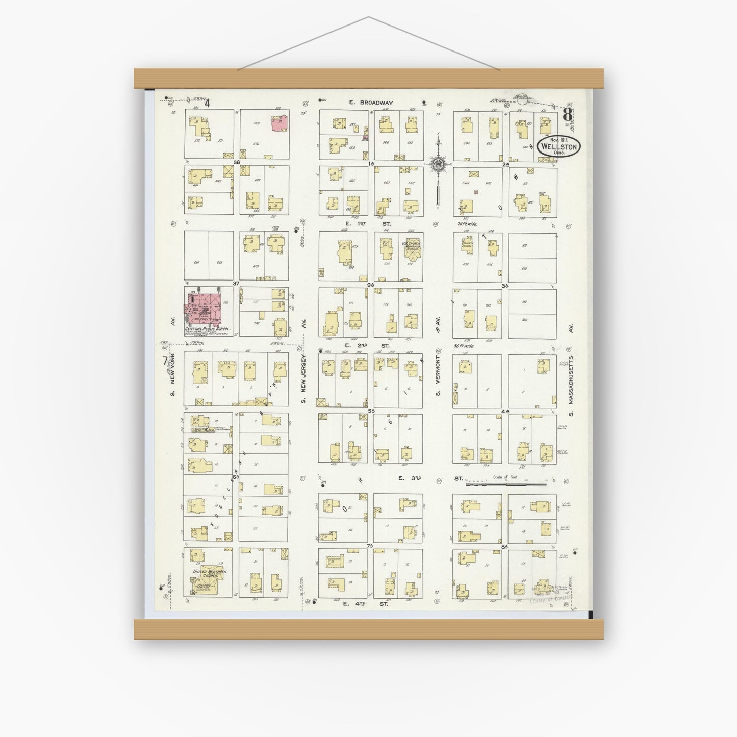 Old map wall art mockup — magnetic wood frame on white wall — Sanborn Fire Insurance Map from Wellston, Jackson County, Ohio (1911), Sheet #0008