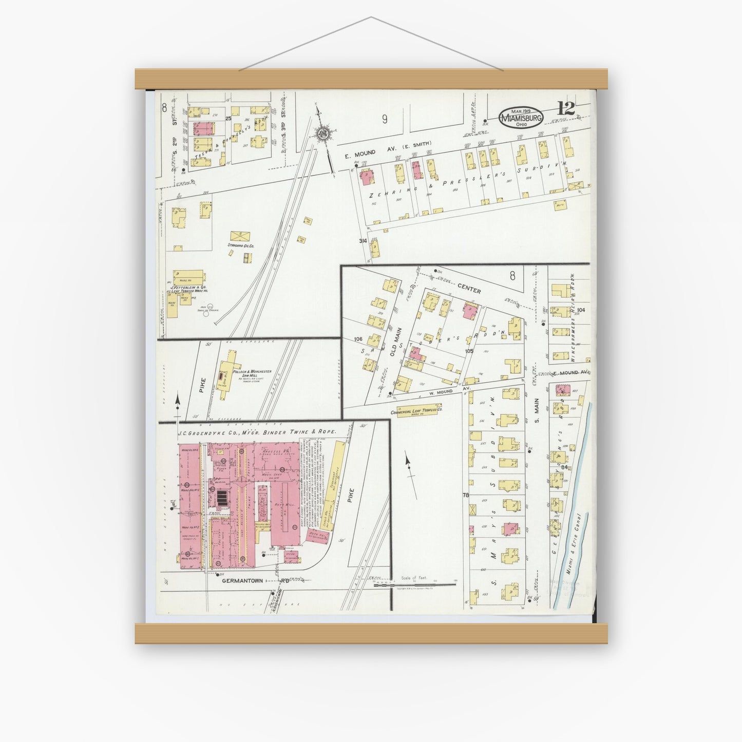 Old map wall art mockup — magnetic wood frame on white wall — Sanborn Fire Insurance Map from Miamisburg, Montgomery County, Ohio (1919), Sheet #0012