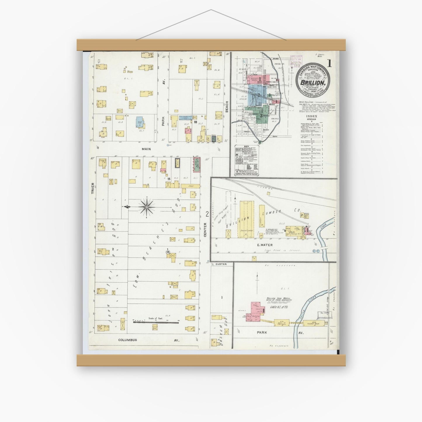 Old map wall art mockup — magnetic wood frame on white wall — Sanborn Fire Insurance Map from Brillion, Calumet County, Wisconsin (1906) - Complete Map Set