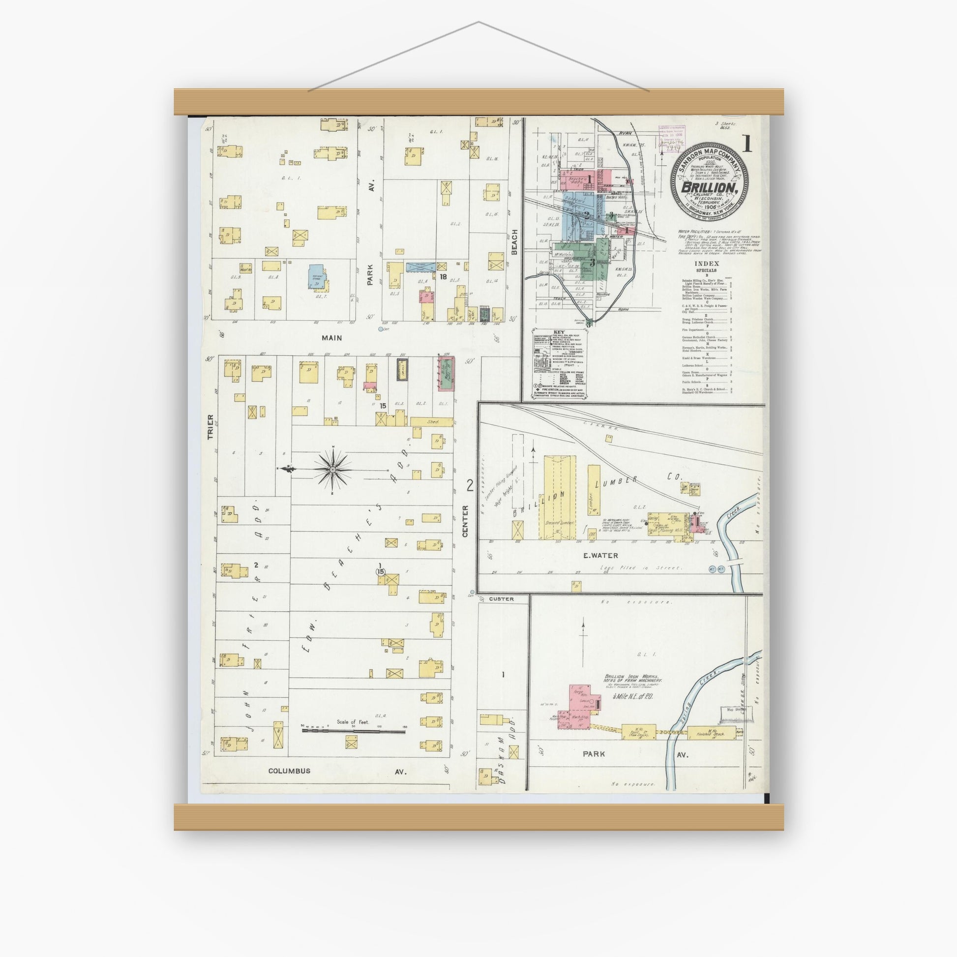 Old map wall art mockup — magnetic wood frame on white wall — Sanborn Fire Insurance Map from Brillion, Calumet County, Wisconsin (1906) - Complete Map Set