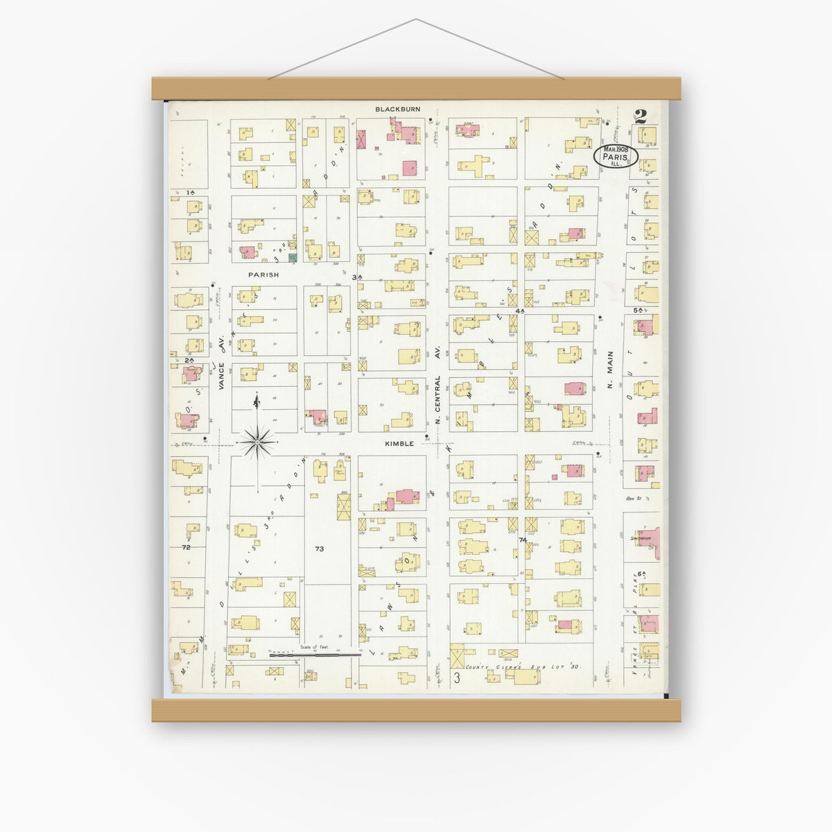 Old map wall art mockup — magnetic wood frame on white wall — Sanborn Fire Insurance Map from Paris, Edgar County, Illinois (1908), Sheet #0002