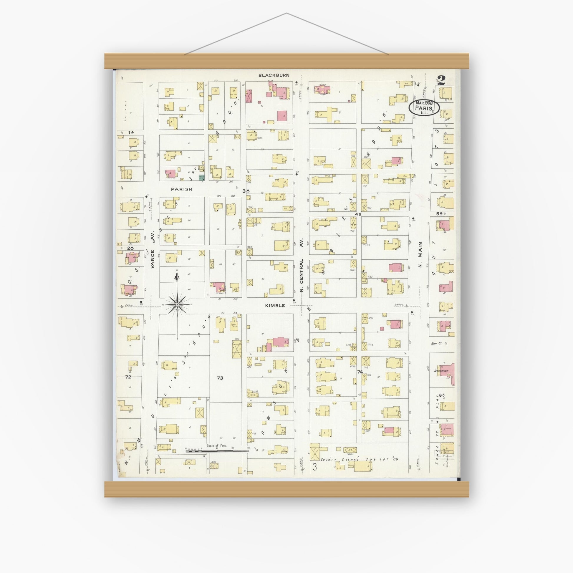 Old map wall art mockup — magnetic wood frame on white wall — Sanborn Fire Insurance Map from Paris, Edgar County, Illinois (1908), Sheet #0002