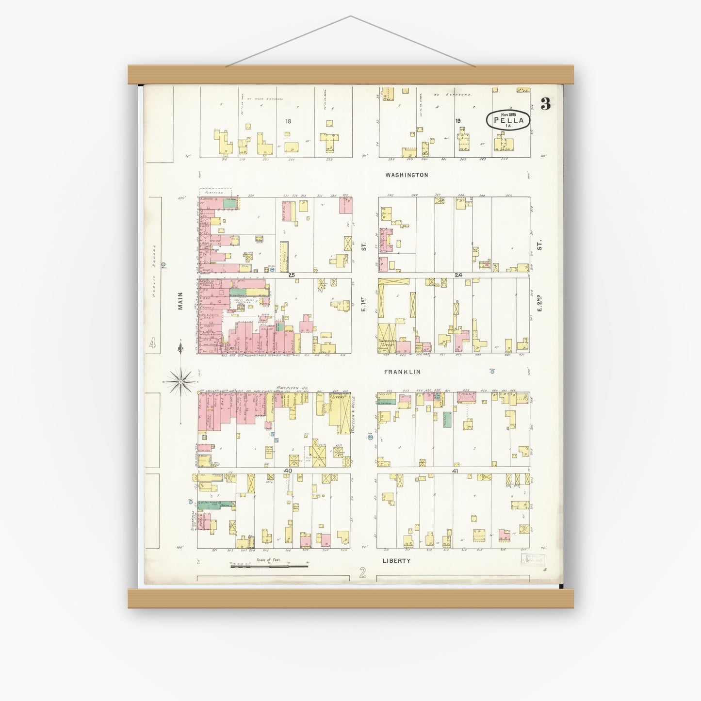 Old map wall art mockup — magnetic wood frame on white wall — Sanborn Fire Insurance Map from Pella, Marion County, Iowa (1895), Sheet #0003