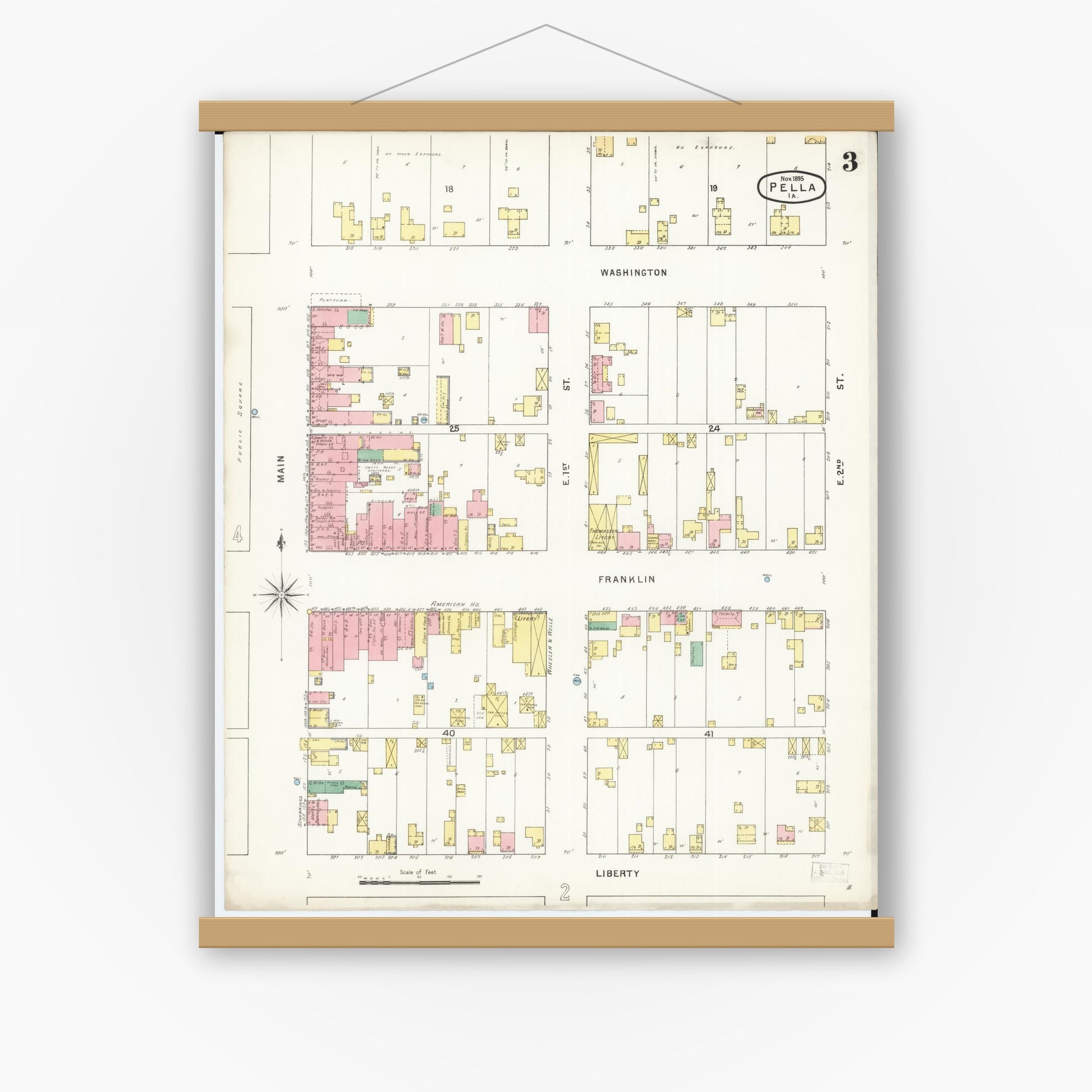 Old map wall art mockup — magnetic wood frame on white wall — Sanborn Fire Insurance Map from Pella, Marion County, Iowa (1895), Sheet #0003