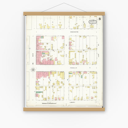 Old map wall art mockup — magnetic wood frame on white wall — Sanborn Fire Insurance Map from Pella, Marion County, Iowa (1895), Sheet #0003