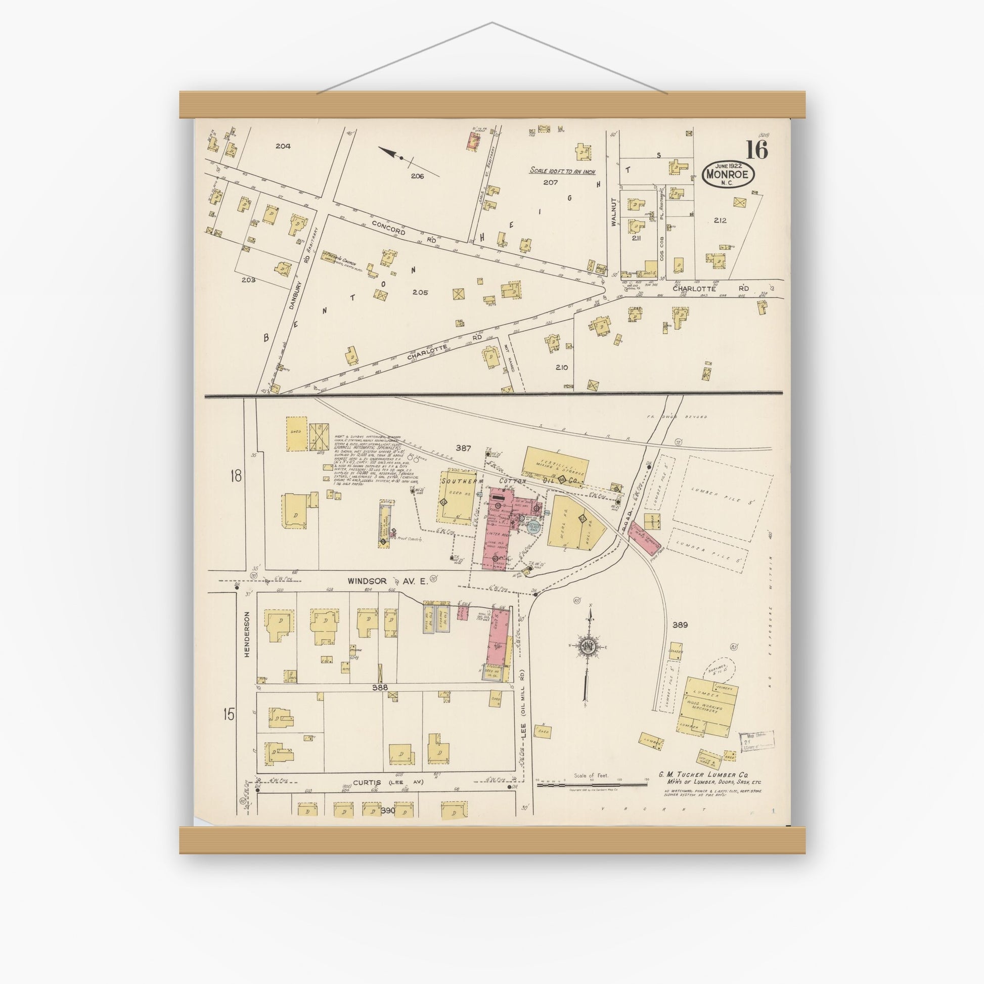 Old map wall art mockup — magnetic wood frame on white wall — Sanborn Fire Insurance Map from Monroe, Union County, North Carolina (1922), Sheet #0016