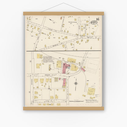 Old map wall art mockup — magnetic wood frame on white wall — Sanborn Fire Insurance Map from Monroe, Union County, North Carolina (1922), Sheet #0016