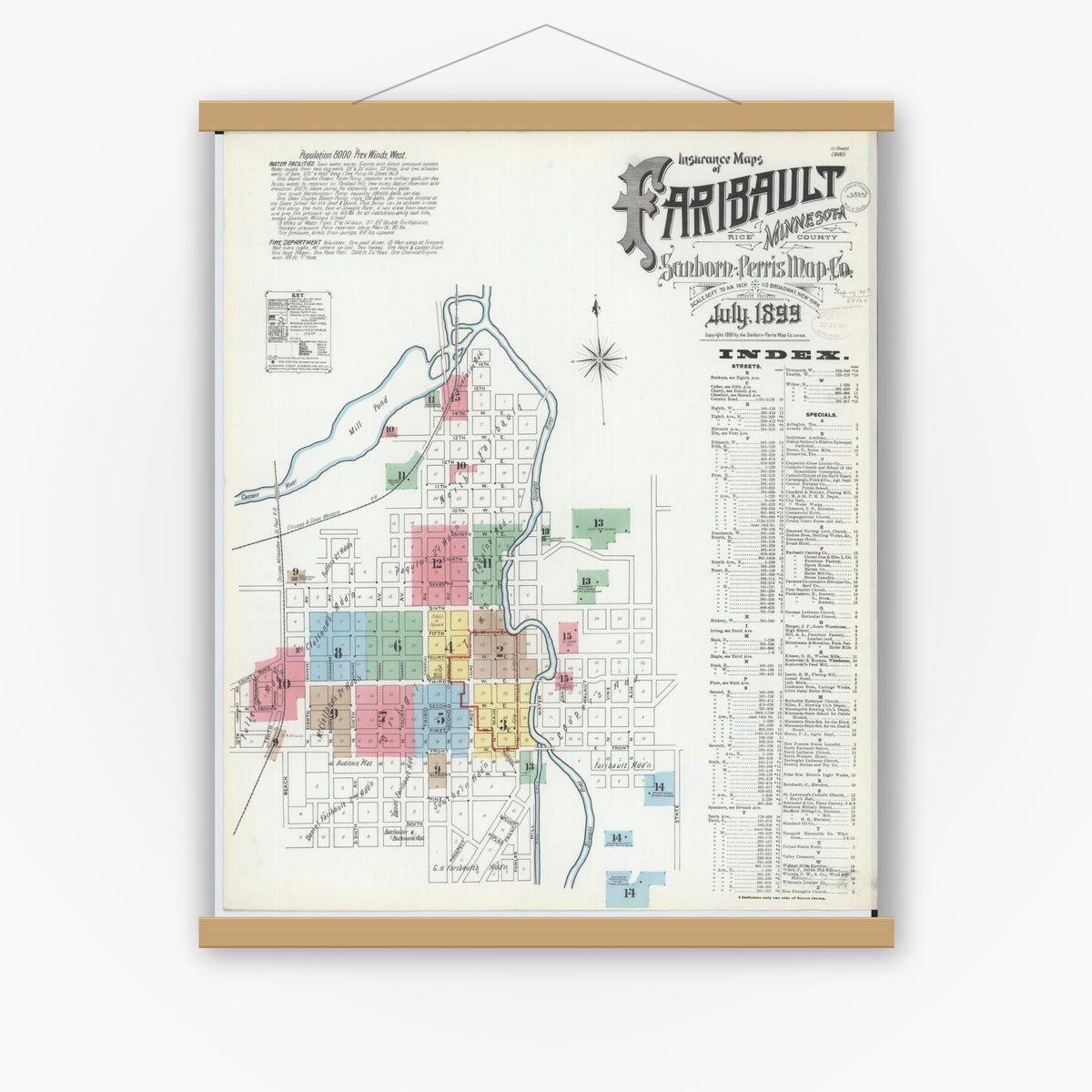 Old map wall art mockup — magnetic wood frame on white wall — Sanborn Fire Insurance Map from Faribault, Rice County, Minnesota (1899) - Complete Map Set