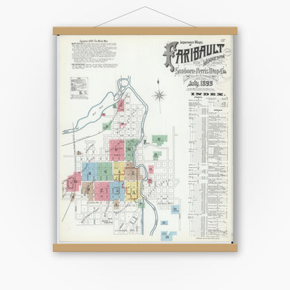 Old map wall art mockup — magnetic wood frame on white wall — Sanborn Fire Insurance Map from Faribault, Rice County, Minnesota (1899) - Complete Map Set