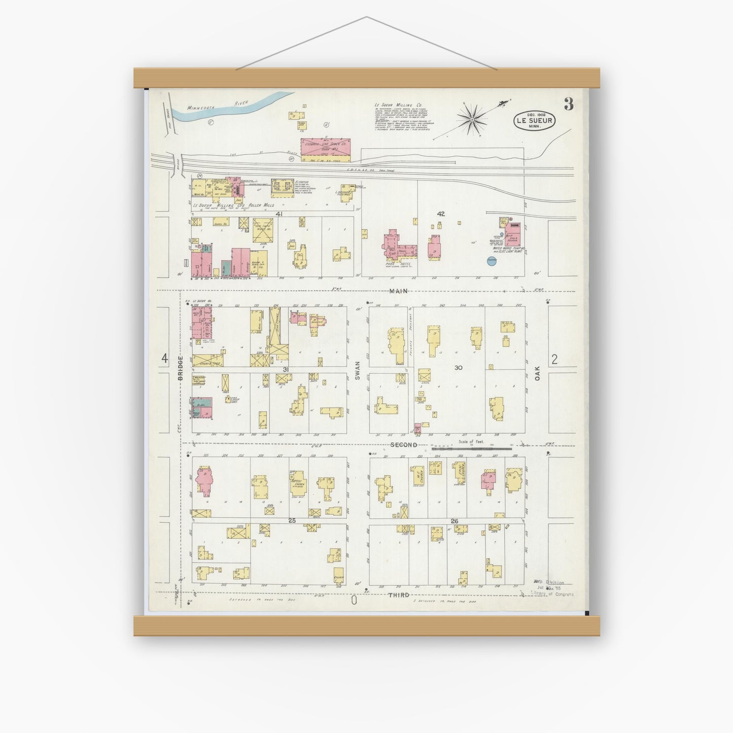 Old map wall art mockup — magnetic wood frame on white wall — Sanborn Fire Insurance Map from Le Sueur, Le Sueur County, Minnesota (1902), Sheet #0003