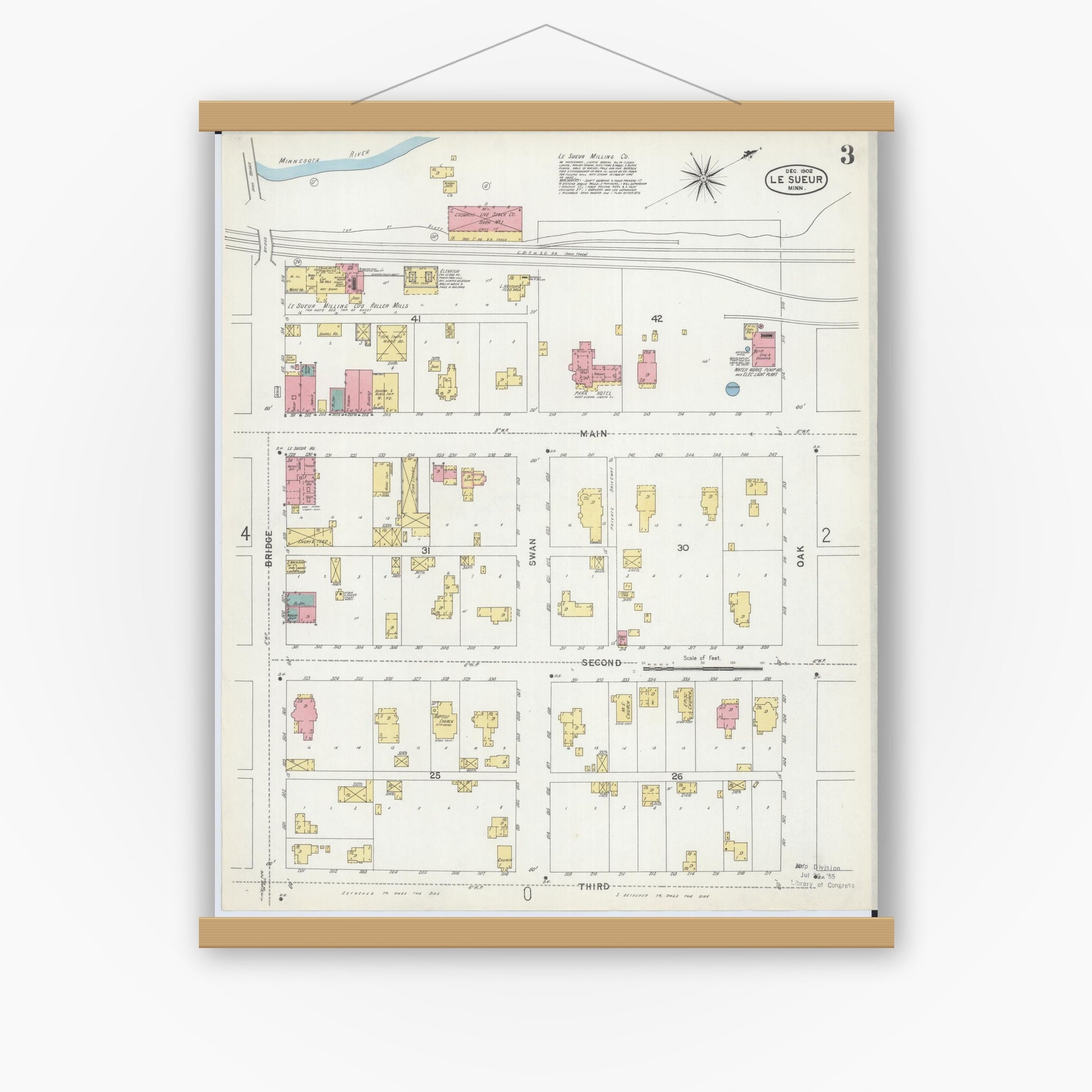 Old map wall art mockup — magnetic wood frame on white wall — Sanborn Fire Insurance Map from Le Sueur, Le Sueur County, Minnesota (1902), Sheet #0003