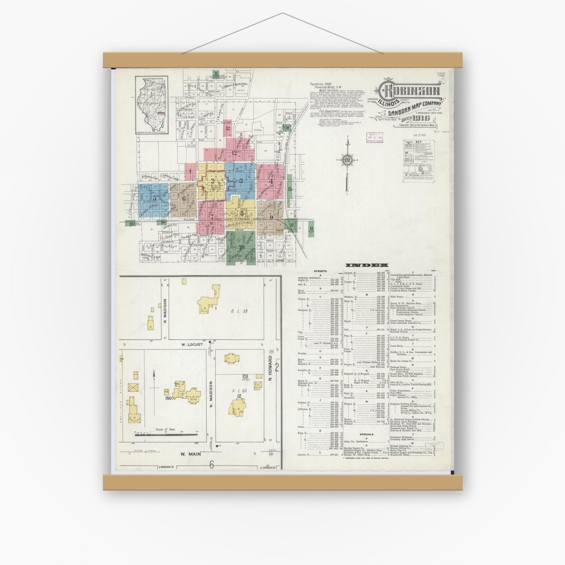 Old map wall art mockup — magnetic wood frame on white wall — Sanborn Fire Insurance Map from Robinson, Crawford County, Illinois (1916) - Complete Map Set