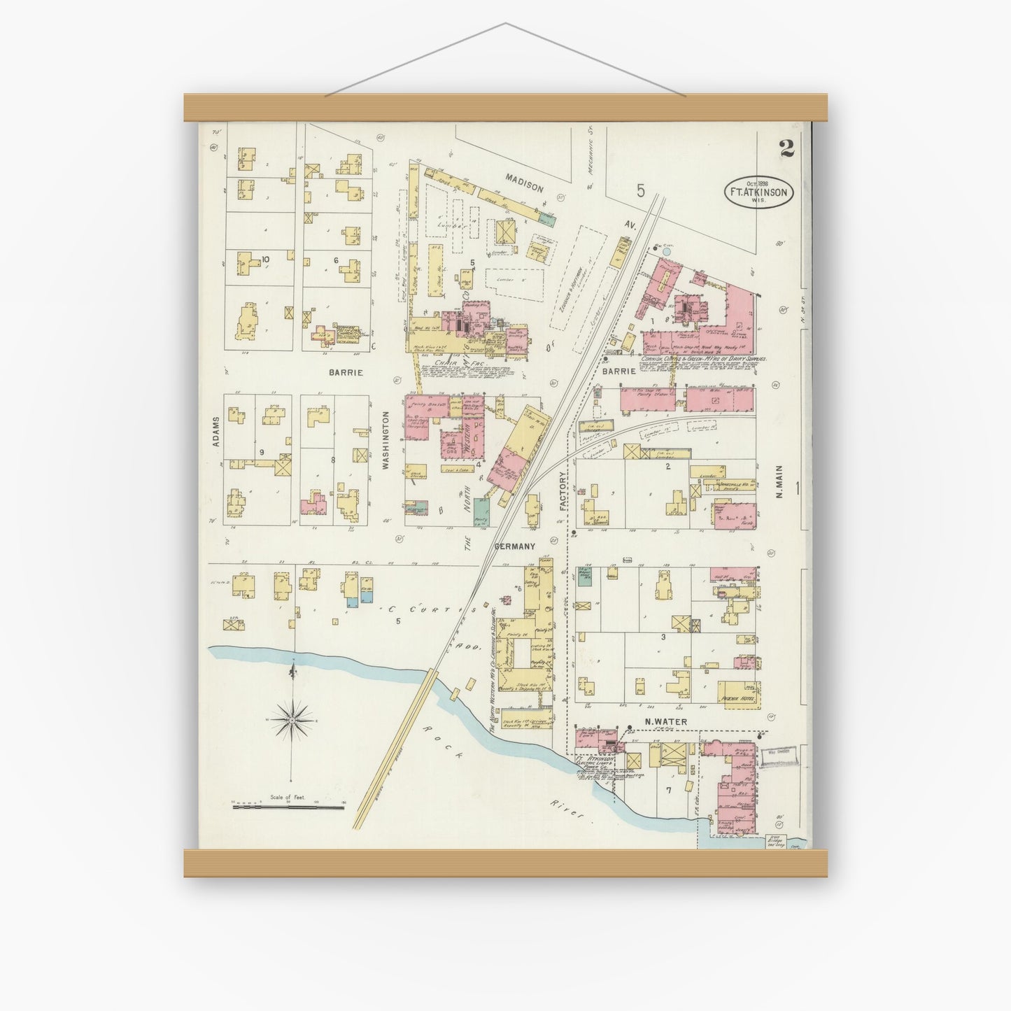 Old map wall art mockup — magnetic wood frame on white wall — Sanborn Fire Insurance Map from Fort Atkinson, Jefferson County, Wisconsin (1898), Sheet #0002