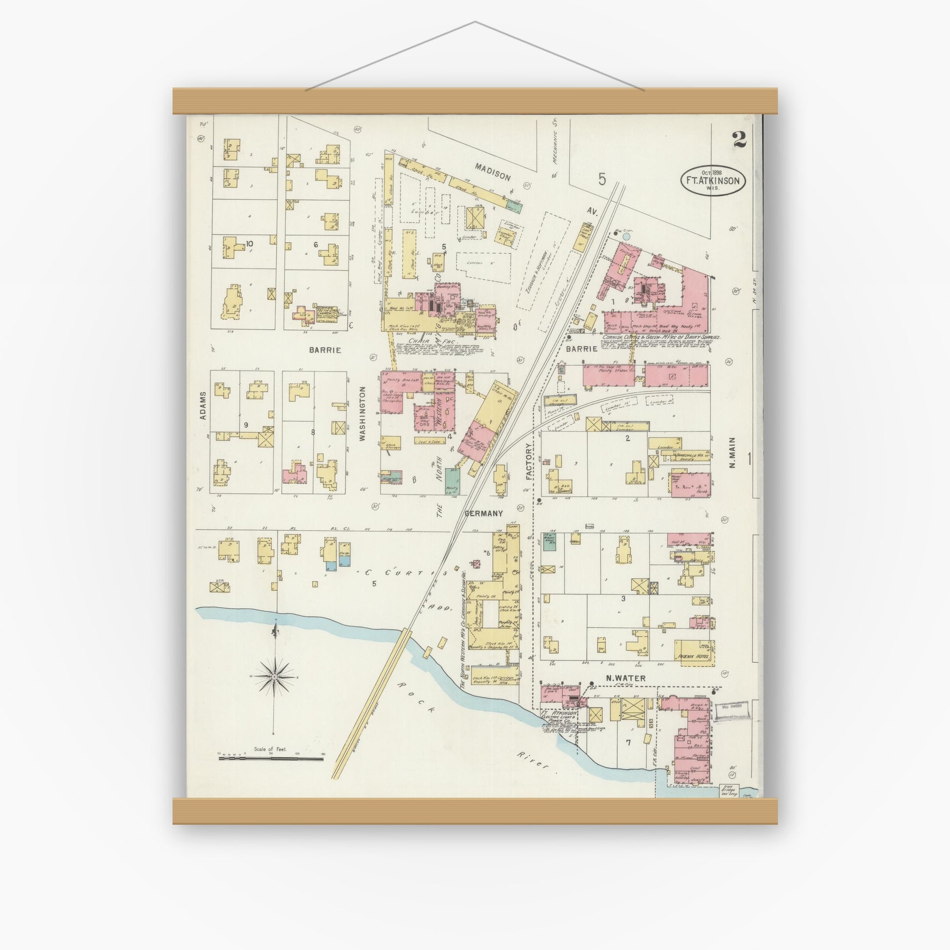 Old map wall art mockup — magnetic wood frame on white wall — Sanborn Fire Insurance Map from Fort Atkinson, Jefferson County, Wisconsin (1898), Sheet #0002