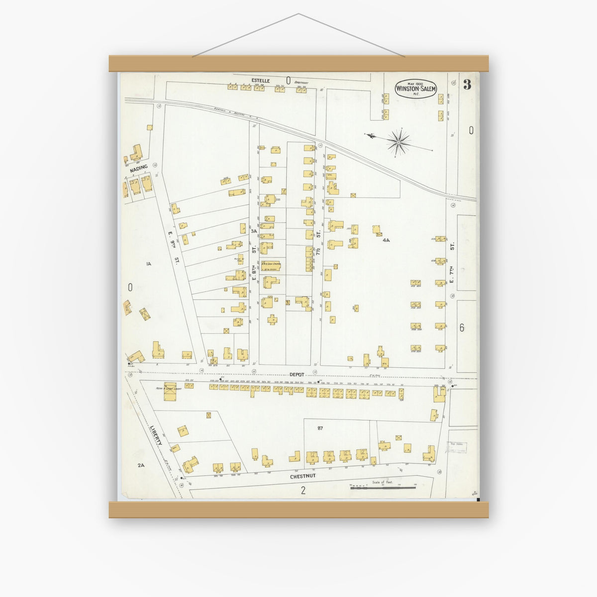 Old map wall art mockup — magnetic wood frame on white wall — Sanborn Fire Insurance Map from Winston-Salem, Forsyth County, North Carolina (1900), Sheet #0003