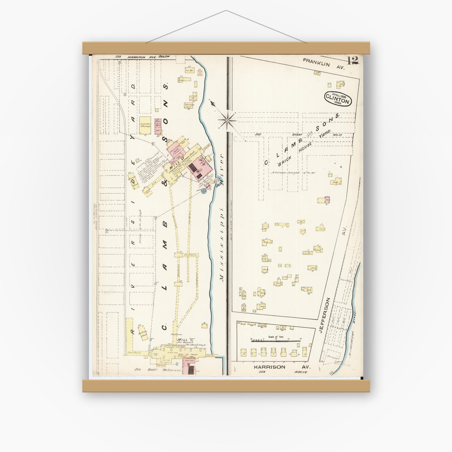 Old map wall art mockup — magnetic wood frame on white wall — Sanborn Fire Insurance Map from Clinton, Clinton County, Iowa (1885), Sheet #0012