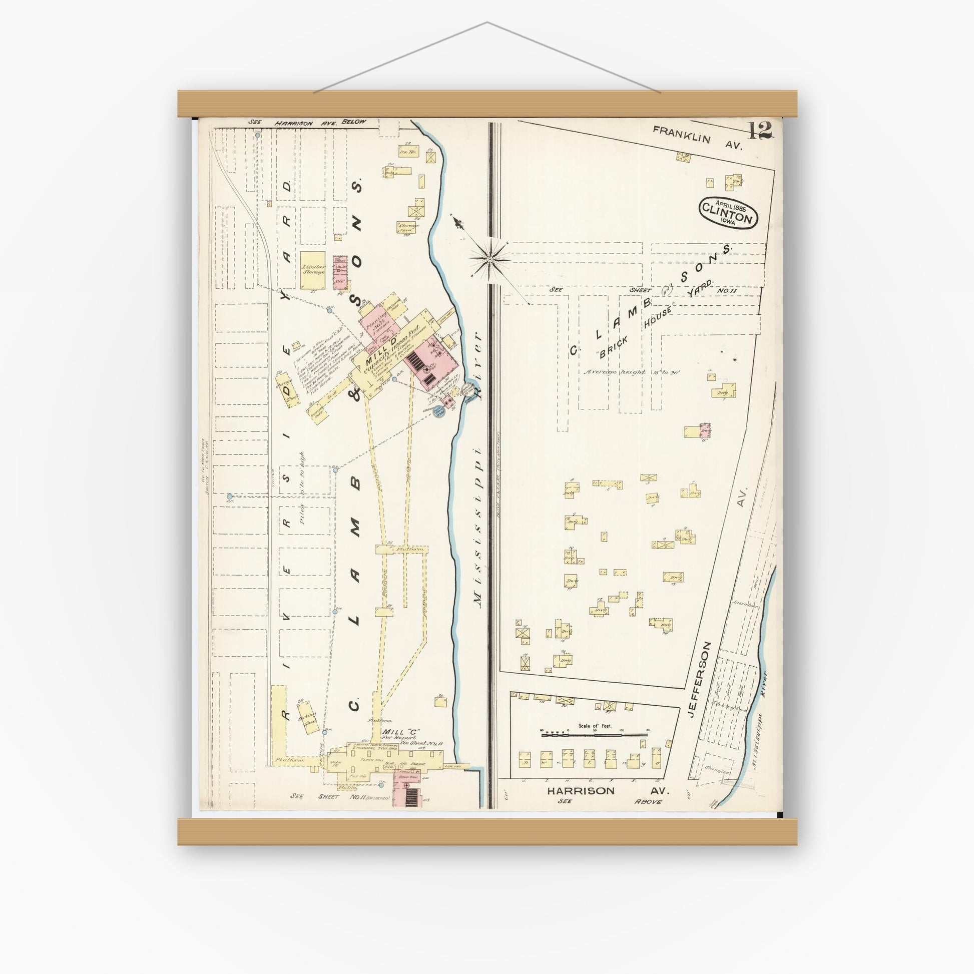 Old map wall art mockup — magnetic wood frame on white wall — Sanborn Fire Insurance Map from Clinton, Clinton County, Iowa (1885), Sheet #0012