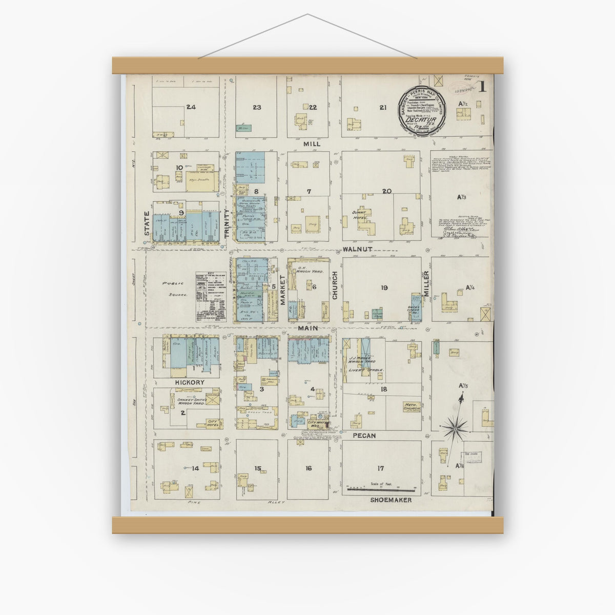 Old map wall art mockup — magnetic wood frame on white wall — Sanborn Fire Insurance Map from Decatur, Wise County, Texas (1891), Sheet #0001