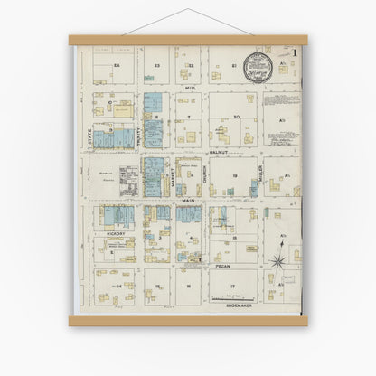 Old map wall art mockup — magnetic wood frame on white wall — Sanborn Fire Insurance Map from Decatur, Wise County, Texas (1891), Sheet #0001