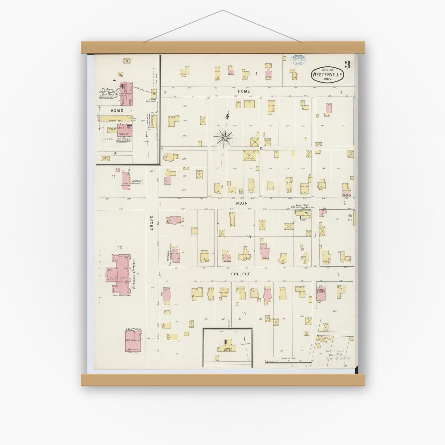 Old map wall art mockup — magnetic wood frame on white wall — Sanborn Fire Insurance Map from Westerville, Franklin County, Ohio (1894), Sheet #0003