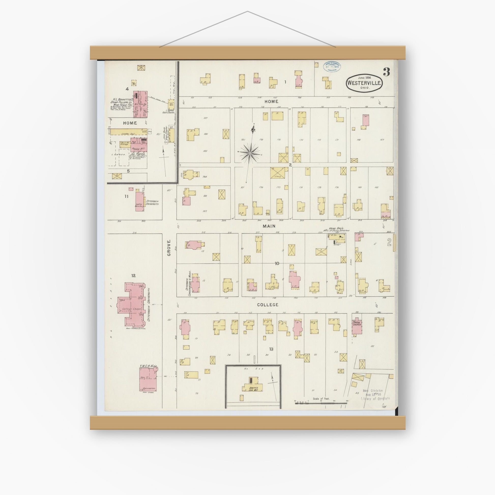 Old map wall art mockup — magnetic wood frame on white wall — Sanborn Fire Insurance Map from Westerville, Franklin County, Ohio (1894), Sheet #0003