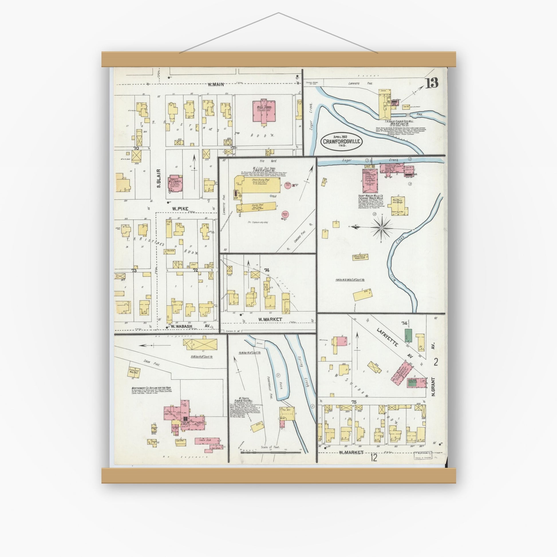 Old map wall art mockup — magnetic wood frame on white wall — Sanborn Fire Insurance Map from Crawfordsville, Montgomery County, Indiana (1902), Sheet #0013