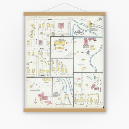Old map wall art mockup — magnetic wood frame on white wall — Sanborn Fire Insurance Map from Crawfordsville, Montgomery County, Indiana (1902), Sheet #0013