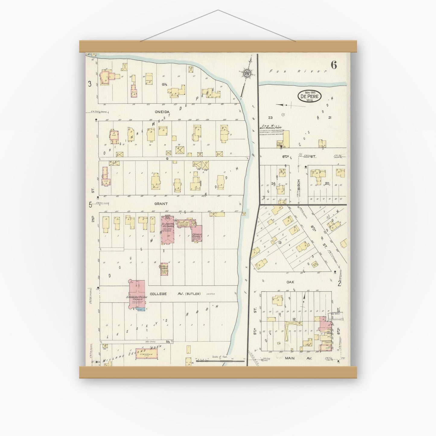 Old map wall art mockup — magnetic wood frame on white wall — Sanborn Fire Insurance Map from De Pere, Brown County, Wisconsin (1914), Sheet #0006