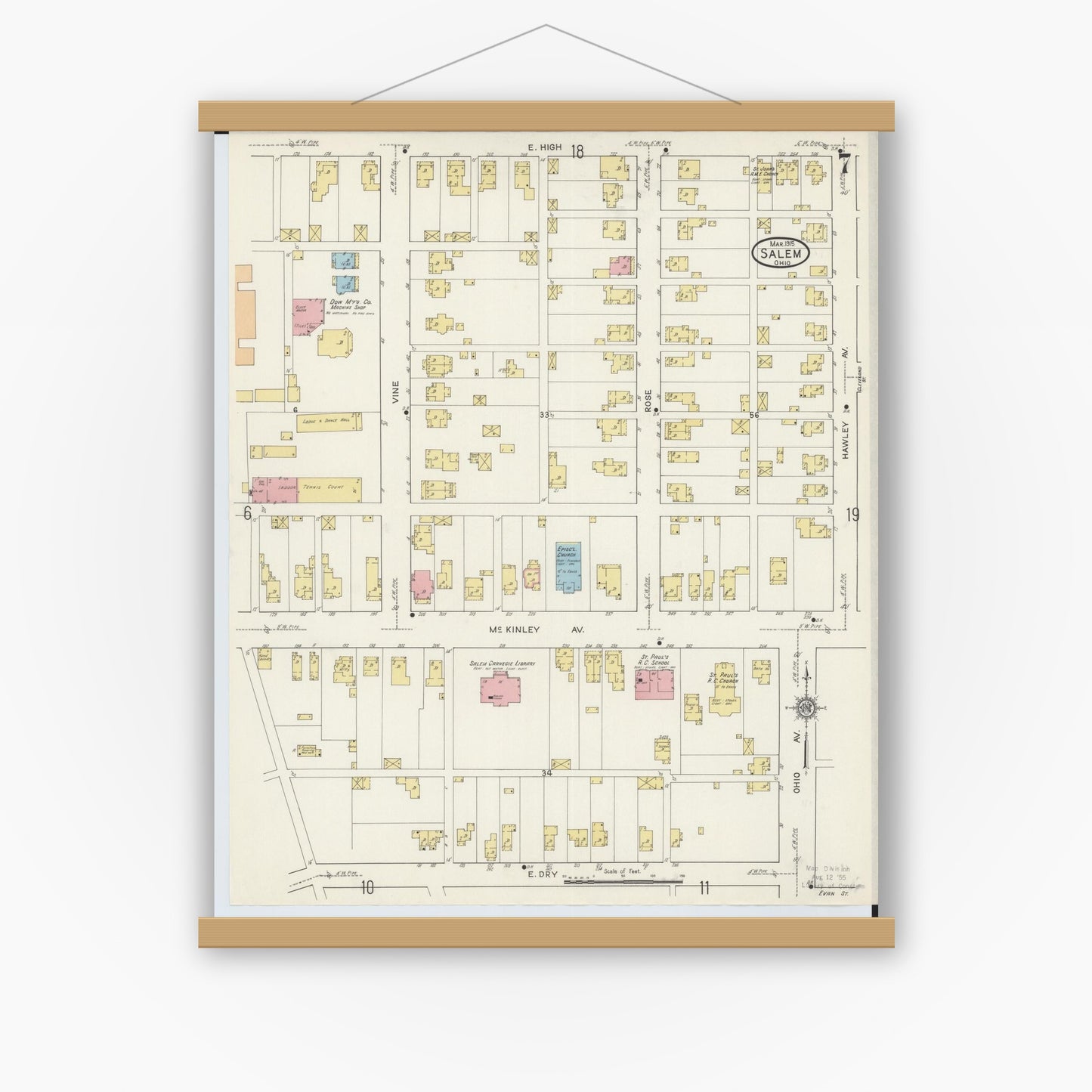 Old map wall art mockup — magnetic wood frame on white wall — Sanborn Fire Insurance Map from Salem, Columbiana County, Ohio (1915), Sheet #0007