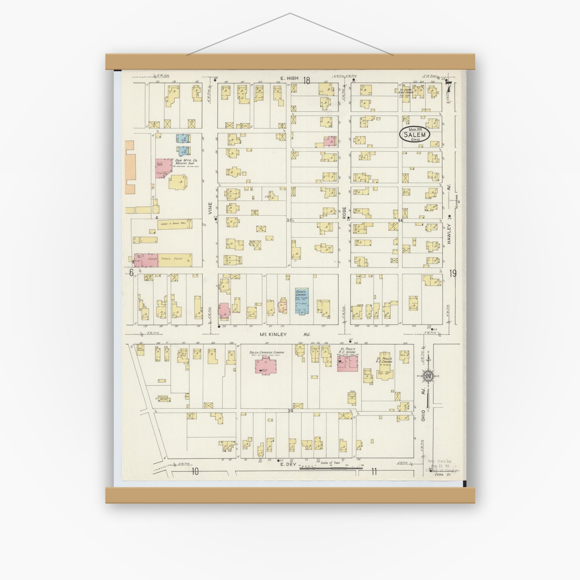 Old map wall art mockup — magnetic wood frame on white wall — Sanborn Fire Insurance Map from Salem, Columbiana County, Ohio (1915), Sheet #0007