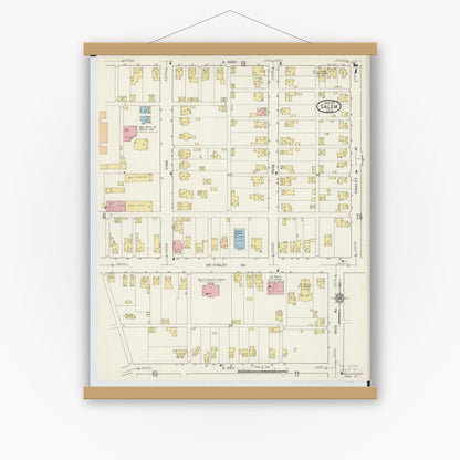 Old map wall art mockup — magnetic wood frame on white wall — Sanborn Fire Insurance Map from Salem, Columbiana County, Ohio (1915), Sheet #0007