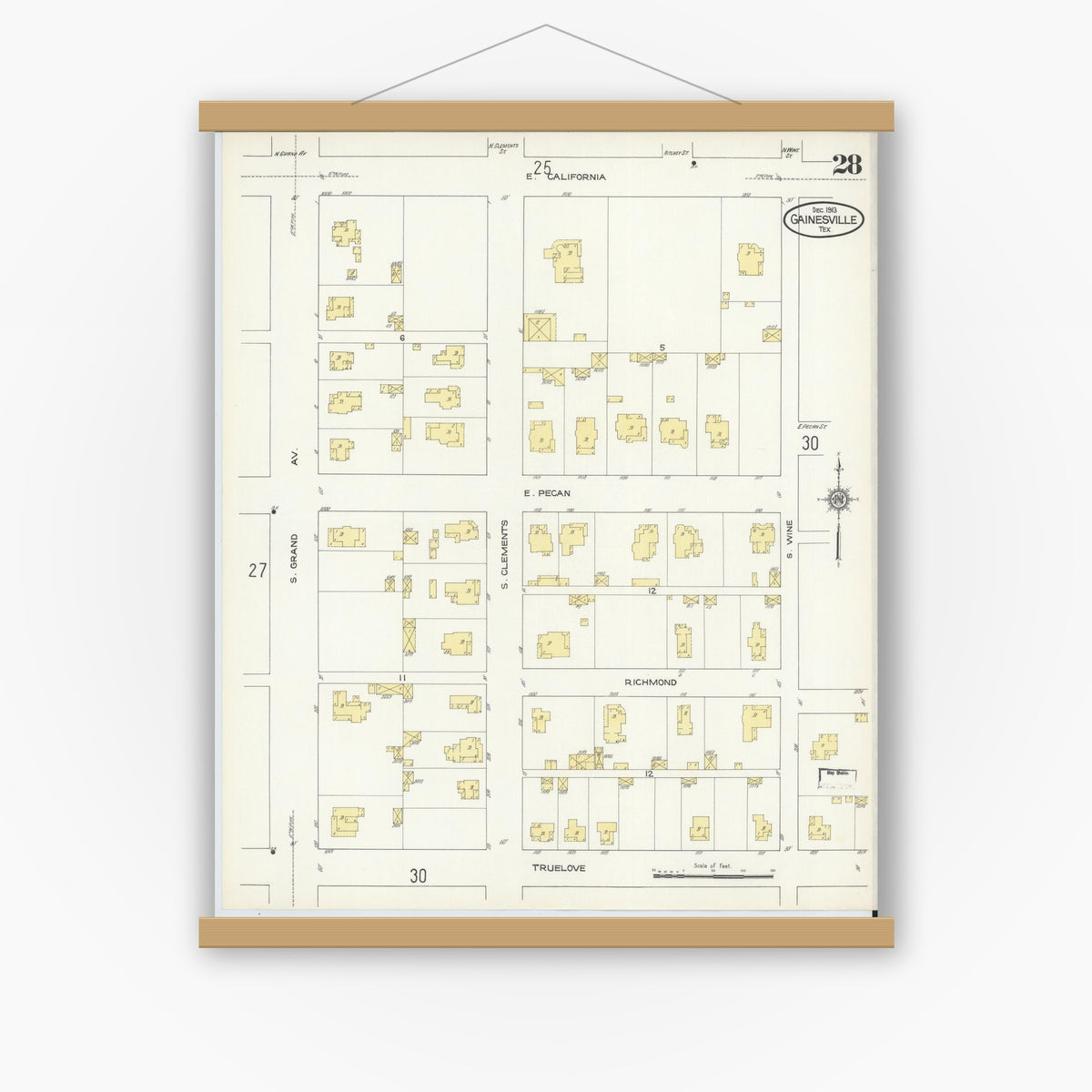 Old map wall art mockup — magnetic wood frame on white wall — Sanborn Fire Insurance Map from Gainesville, Cooke County, Texas (1913), Sheet #0028