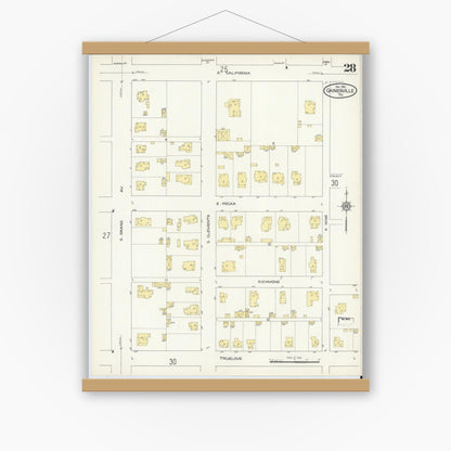 Old map wall art mockup — magnetic wood frame on white wall — Sanborn Fire Insurance Map from Gainesville, Cooke County, Texas (1913), Sheet #0028