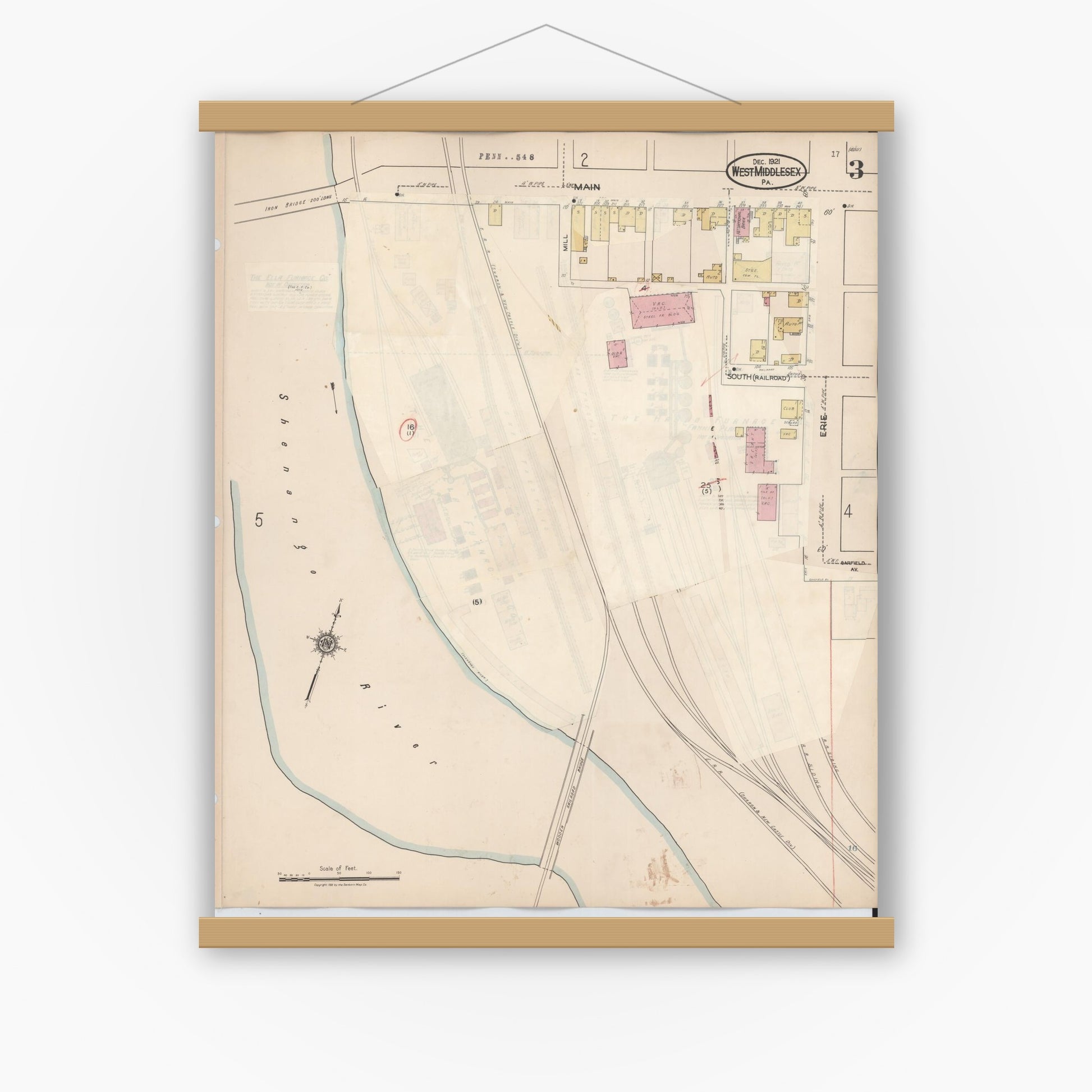 Old map wall art mockup — magnetic wood frame on white wall — Sanborn Fire Insurance Map from West Middlesex, Mercer County, Pennsylvania (1937), Sheet #0003