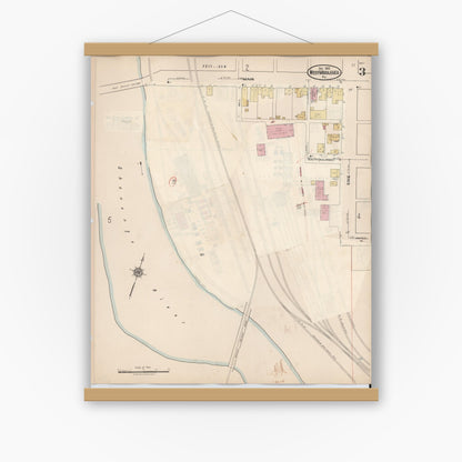 Old map wall art mockup — magnetic wood frame on white wall — Sanborn Fire Insurance Map from West Middlesex, Mercer County, Pennsylvania (1937), Sheet #0003