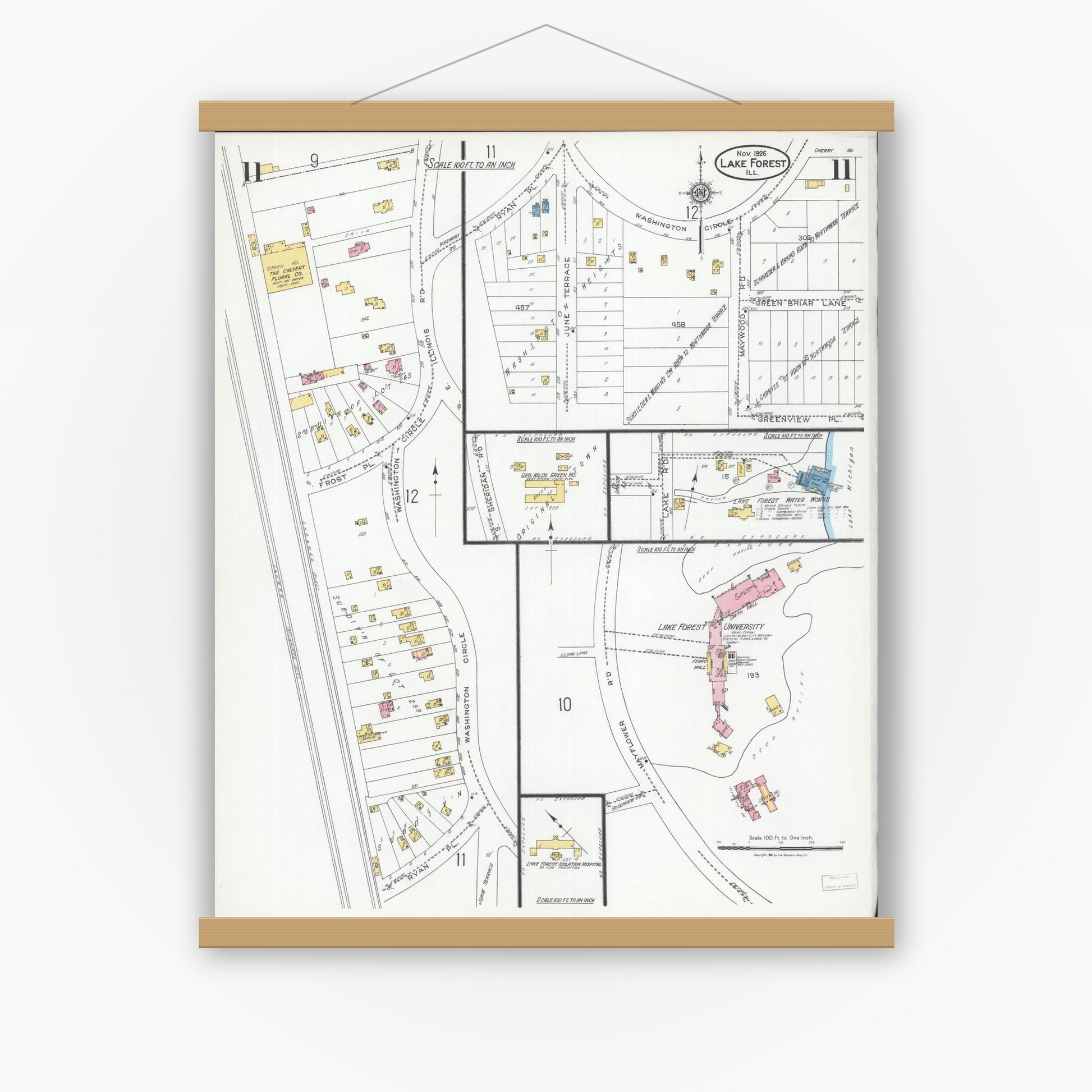 Old map wall art mockup — magnetic wood frame on white wall — Sanborn Fire Insurance Map from Lake Forest, Lake County, Illinois (1926), Sheet #0011