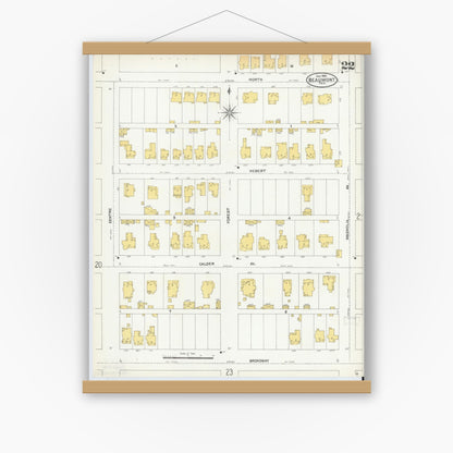 Old map wall art mockup — magnetic wood frame on white wall — Sanborn Fire Insurance Map from Beaumont, Jefferson County, Texas (1904), Sheet #0022