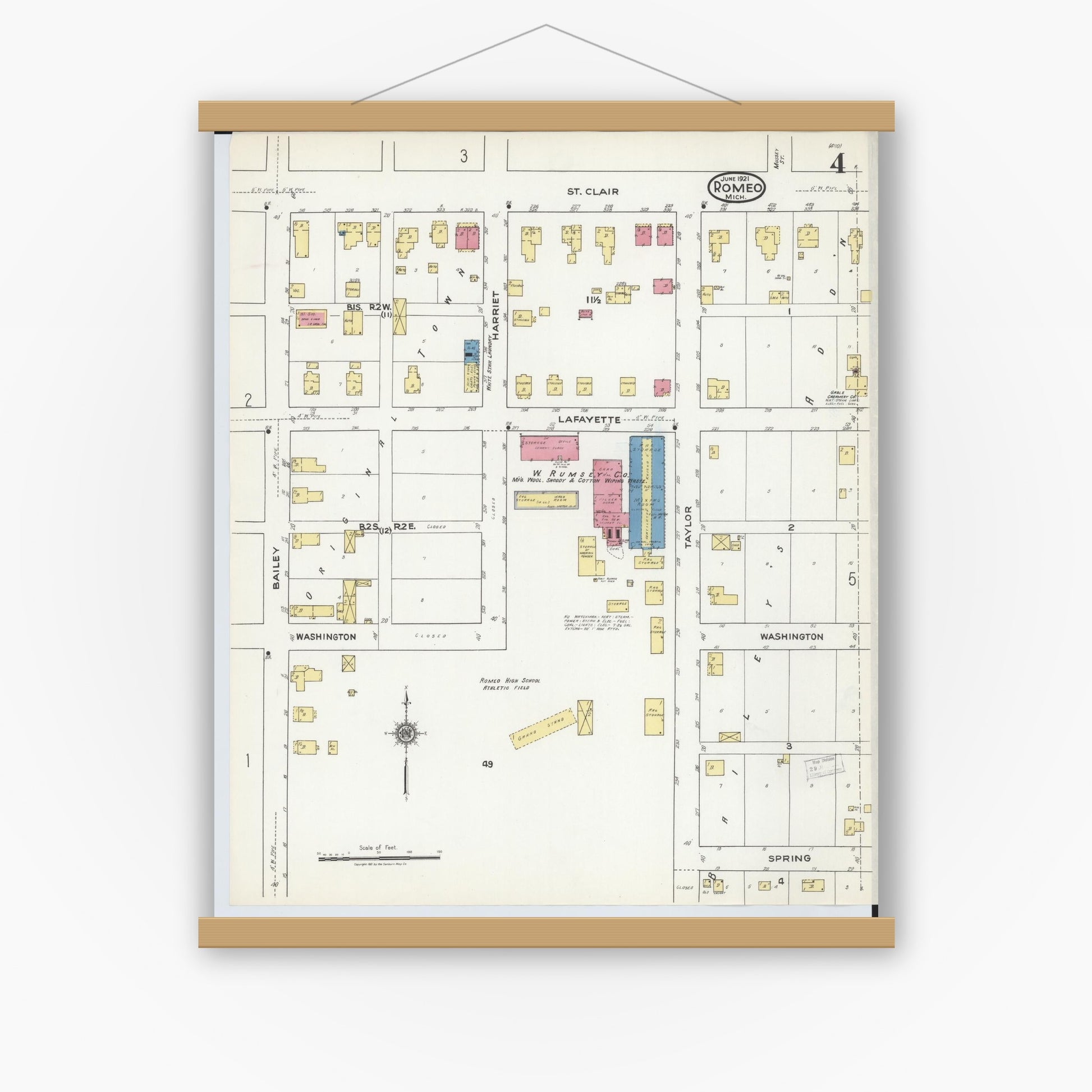 Old map wall art mockup — magnetic wood frame on white wall — Sanborn Fire Insurance Map from Romeo, Macomb County, Michigan (1921), Sheet #0004