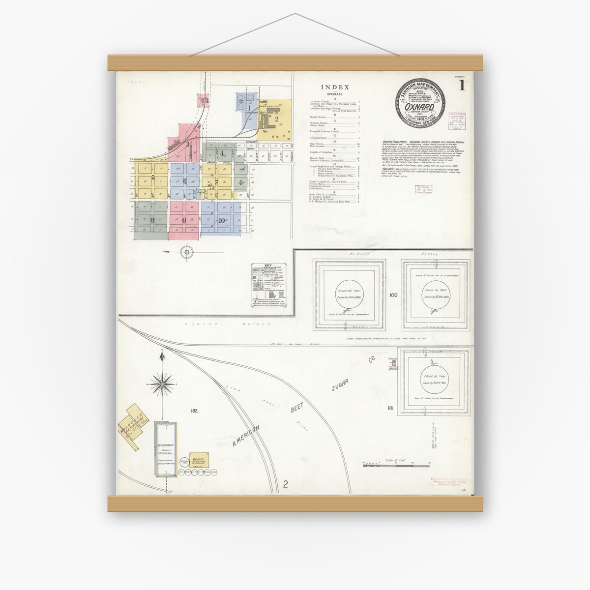 Old map wall art mockup — magnetic wood frame on white wall — Sanborn Fire Insurance Map from Oxnard, Ventura County, California (1906) - Complete Map Set