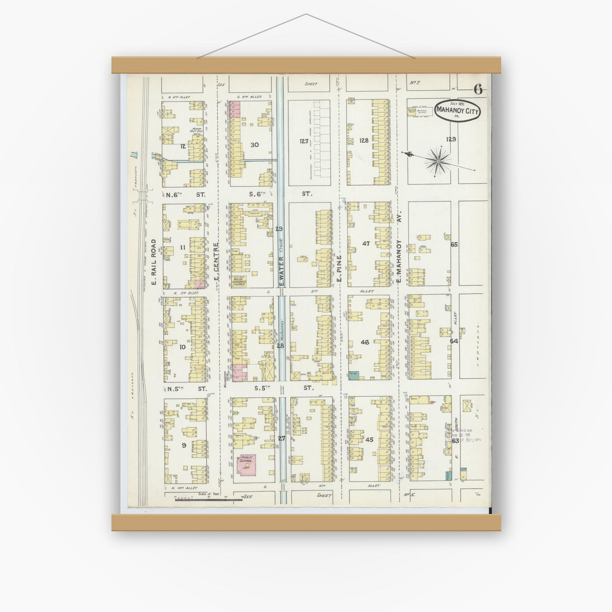 Old map wall art mockup — magnetic wood frame on white wall — Sanborn Fire Insurance Map from Mahanoy City, Schuylkill County, Pennsylvania (1891), Sheet #0006